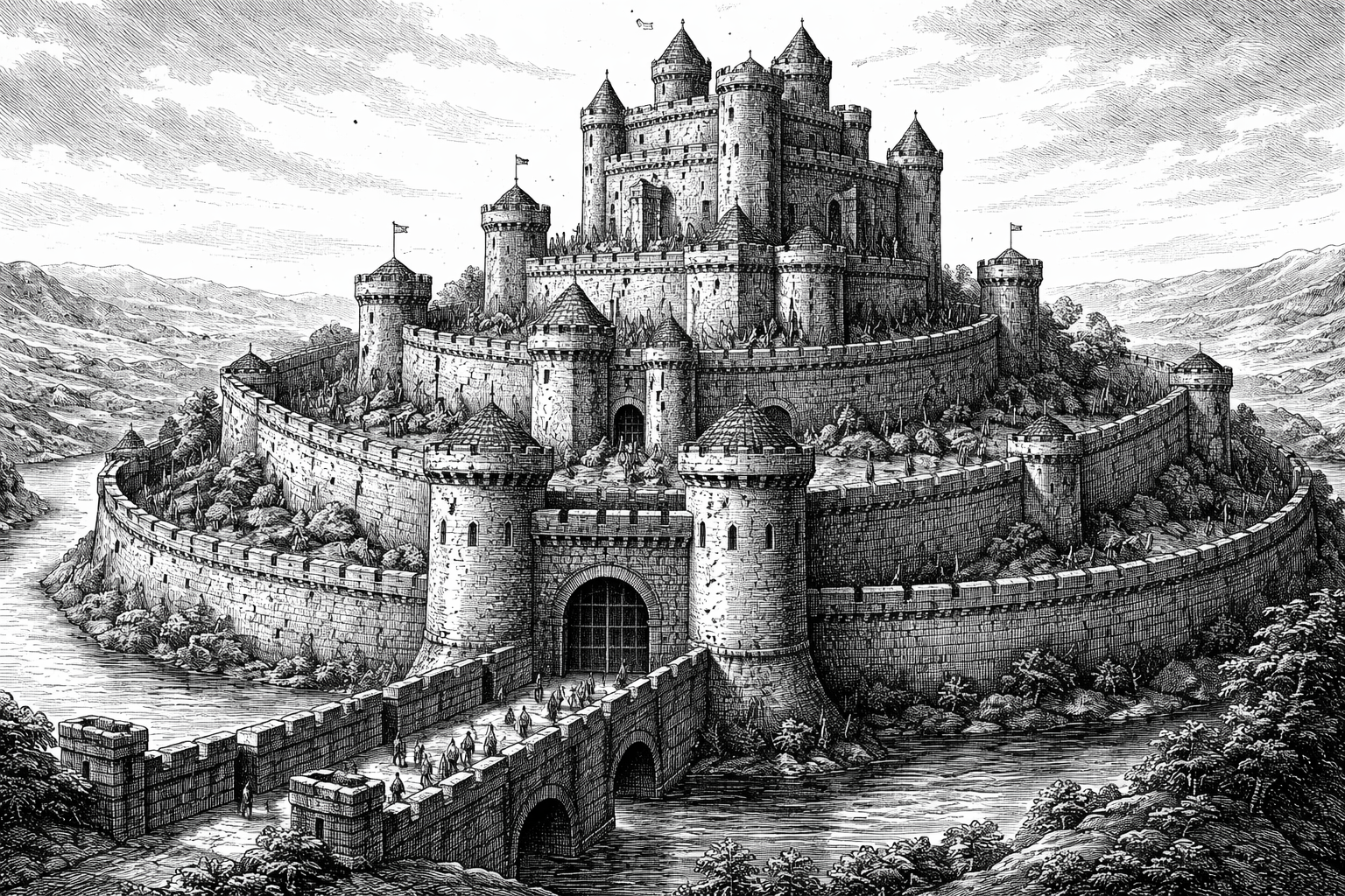 A medieval fortress with multiple layers of defense