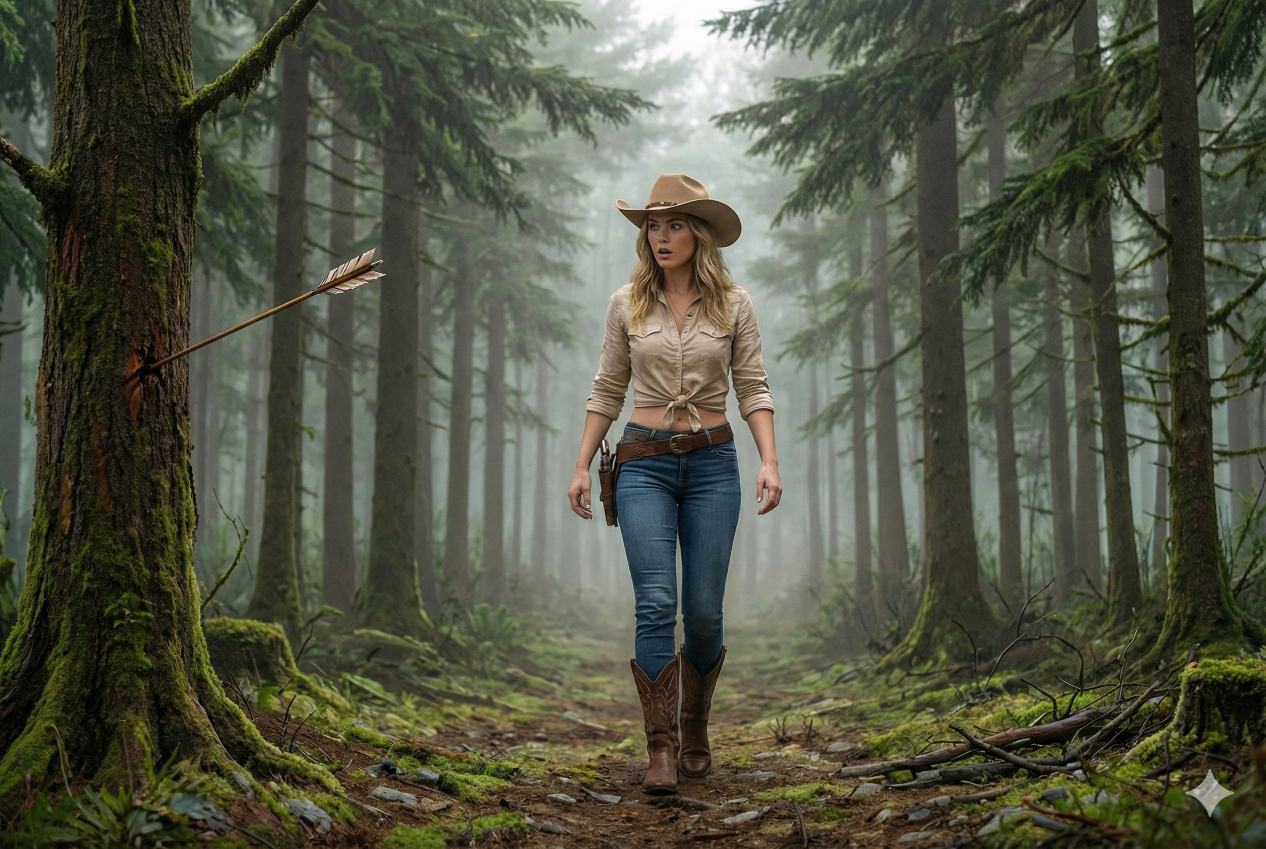 Evelyn is among the trees, when an arrow is shot towards her