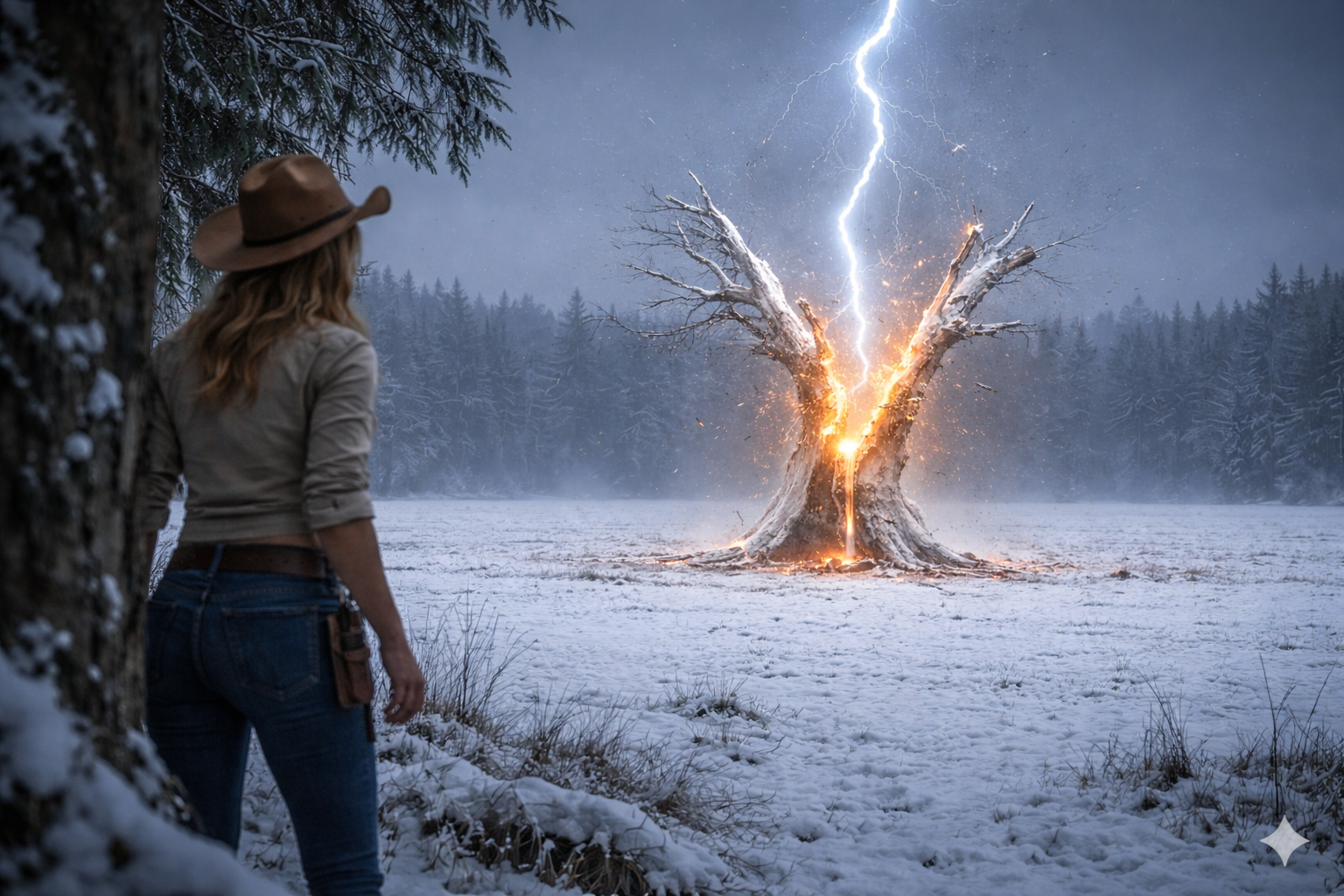 Evelyn sees the white tree split open by a lightning bolt