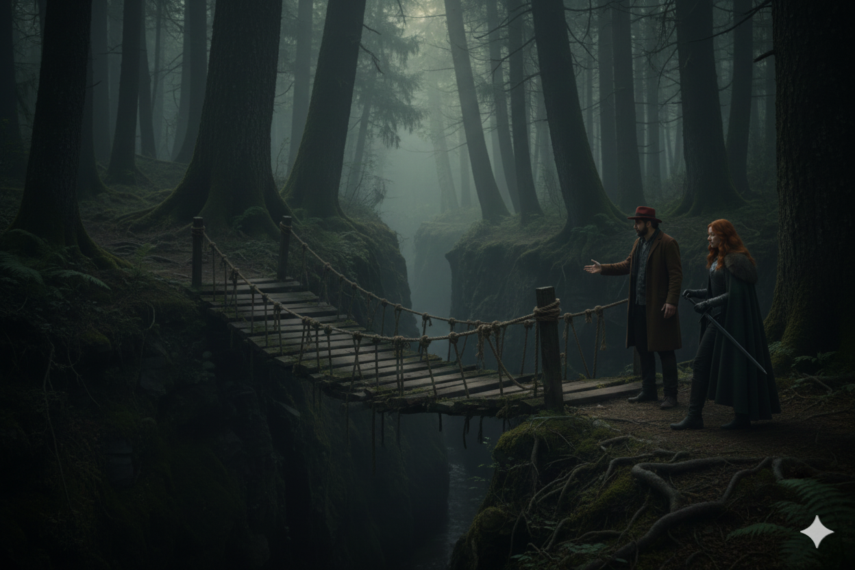 An old wooden bridge in a dark forest