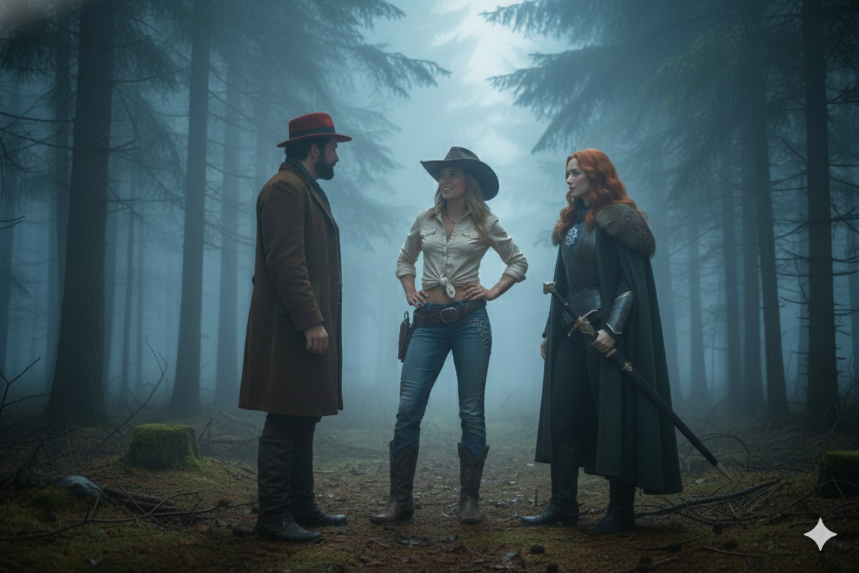 A cowgirl emerges from the foggy forest